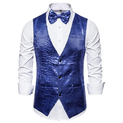 Gold Men's Sequin Vest Jacket, Single-breasted V-neck Sleeveless Vests Coat, Wedding Party Waistcoat Silver Blue Purple Red Tops