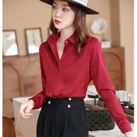 Red Women Shirt New Korean Fashion Women Clothing OL Satin Blouse for Women Long Sleeved Women's Shirt Basic Elegant Women Tops Good Vibrations