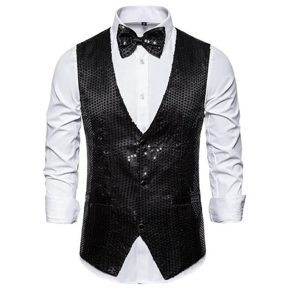 Gold Men's Sequin Vest Jacket, Single-breasted V-neck Sleeveless Vests Coat, Wedding Party Waistcoat Silver Blue Purple Red Tops