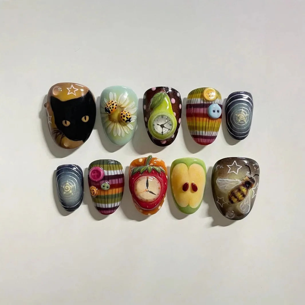 10pcs Dark Black Style Handmade Fake Nails Y2k Star Horor Foreat Designs Press On Nails Halloween Wearable Almond False Nail Good Vibrations