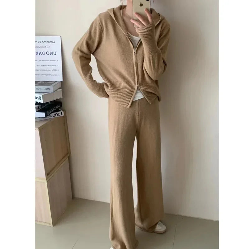 Women Casual Knitted Pants Home Suit Autumn Fashion Zip Up Sweater Hoodie Wide Leg Trousers 2 Piece Set Tracksuit Winter Outfits Good Vibrations