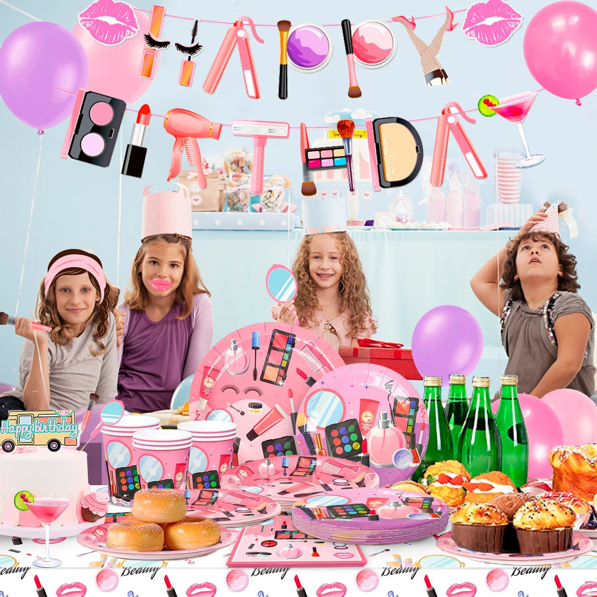103 Pcs Makeup Birthday Party Supplies-Makeup Theme Party Banner Balloons Photo Props Napkins Plates Etc Spa Party Decorations Good Vibrations
