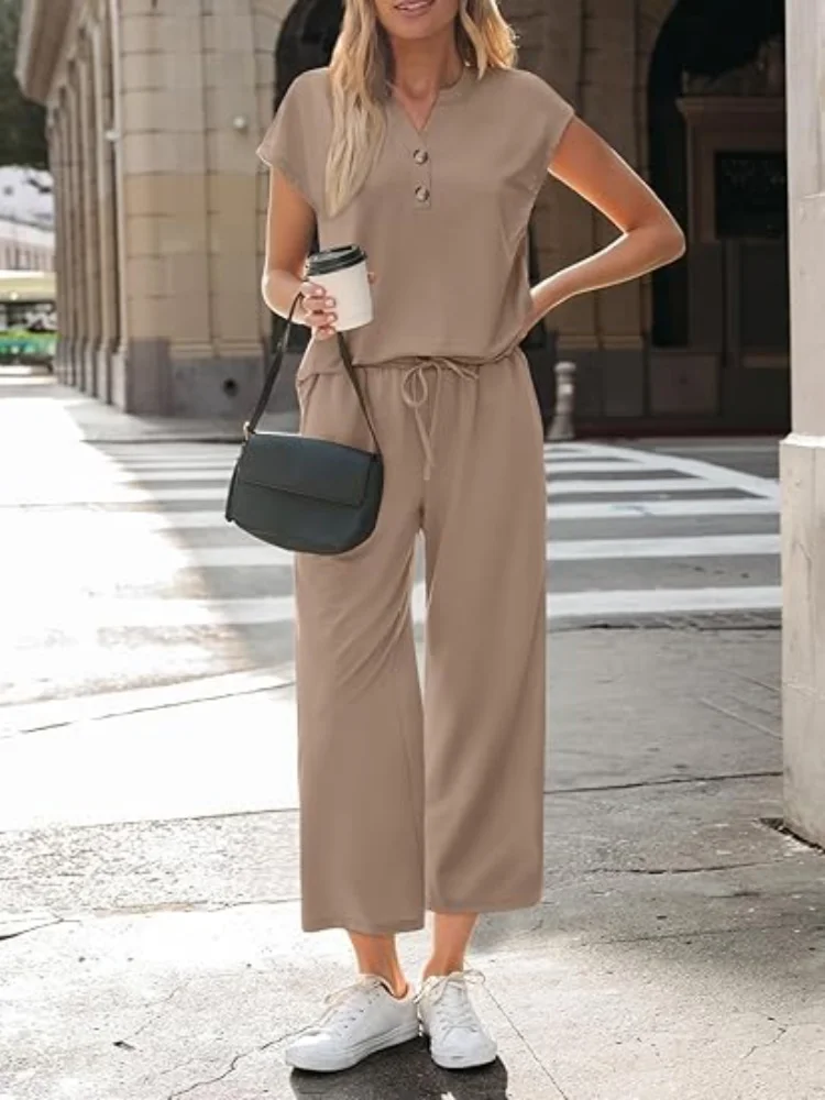 Women 2 Piece Outfit Set V Neck Button Short Sleeve T Shirt Drawstring Wide Leg Capri Pants Casual Loose Tracksuit Loungewear Va Good Vibrations