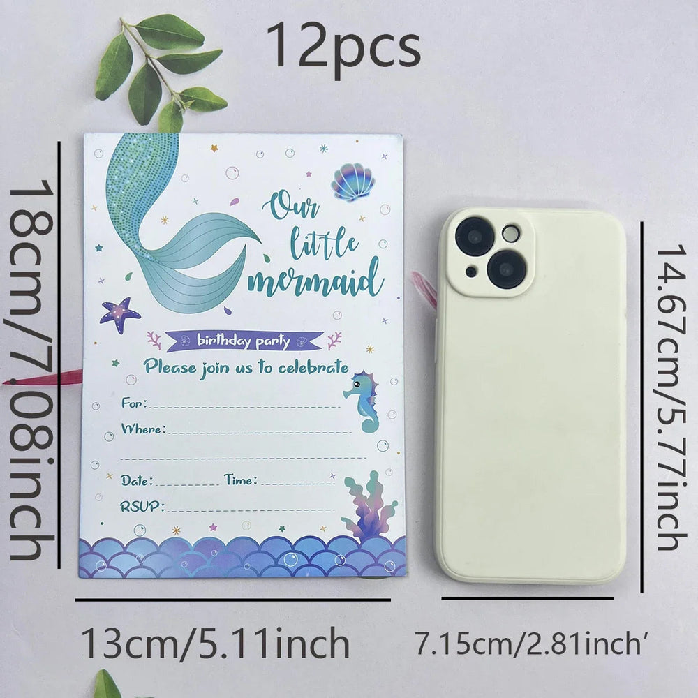 12pcCartoon Mermaid Shell Invitation Letter Girls Wedding Birthday Party Single Page Greeting Cards Baby Shower Party Decoration Good Vibrations