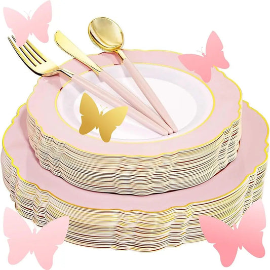 30Guest Pink Plates Disposable - Hign-End Baroque Design - Gold Plastic Silverware With Handle-Baroque Pink &Gold Plastic Good Vibrations