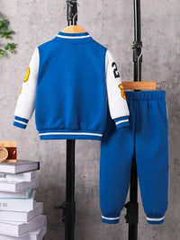Boys' Baseball Jacket Three-Piece Set - Blue Teddy Bear Embroidered Sportswear for Toddlers, Spring/Fall Casual Outfit Good Vibrations