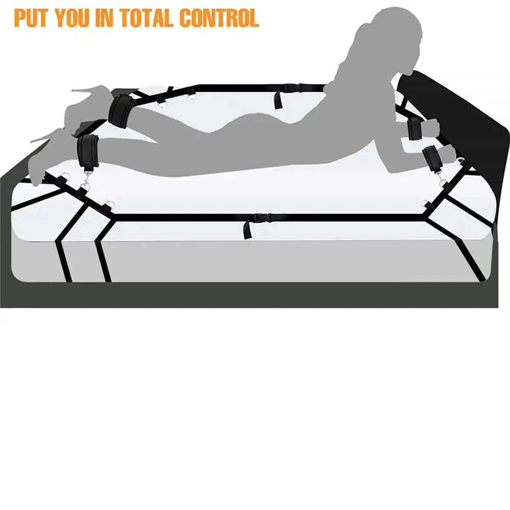 BDSM bed restraint system with nylon handcuffs and ankle cuffs for couples.