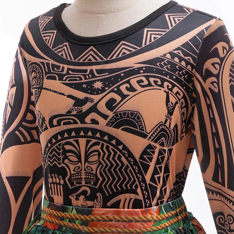 Disney Moana 2 Maui Cosplay Jumpsuits Tattoo Costume Boys Girls Maui Print Leaf Suits Movie Character Halloween Costume 2-10Yrs Good Vibrations