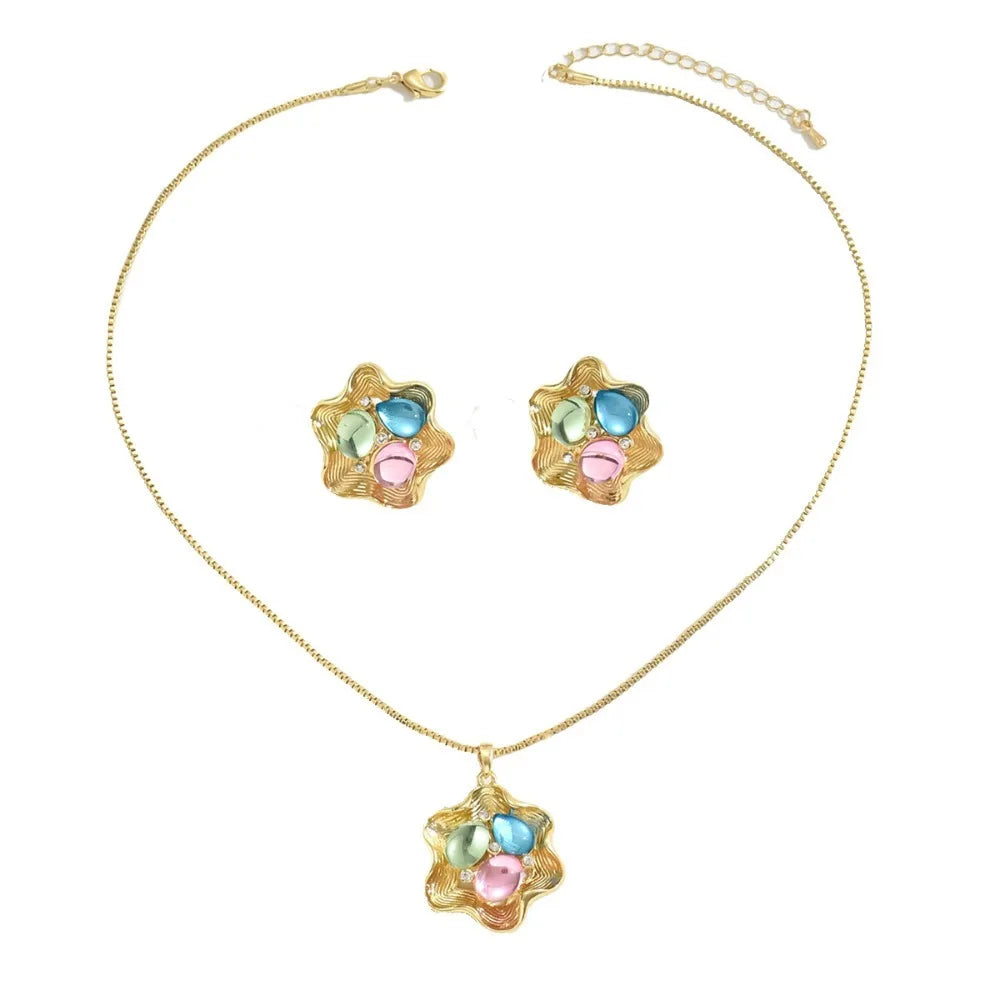 Chic Luxury Crystal Earrings Pearl Charm Rhinestone Necklace Geometric Vintage Women Jewelry Set Girls Good Vibrations