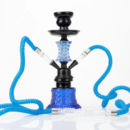 Ceramic hookah set with two blue tubes, featuring a glass bottle and ceramic bowl for travel and home decoration.