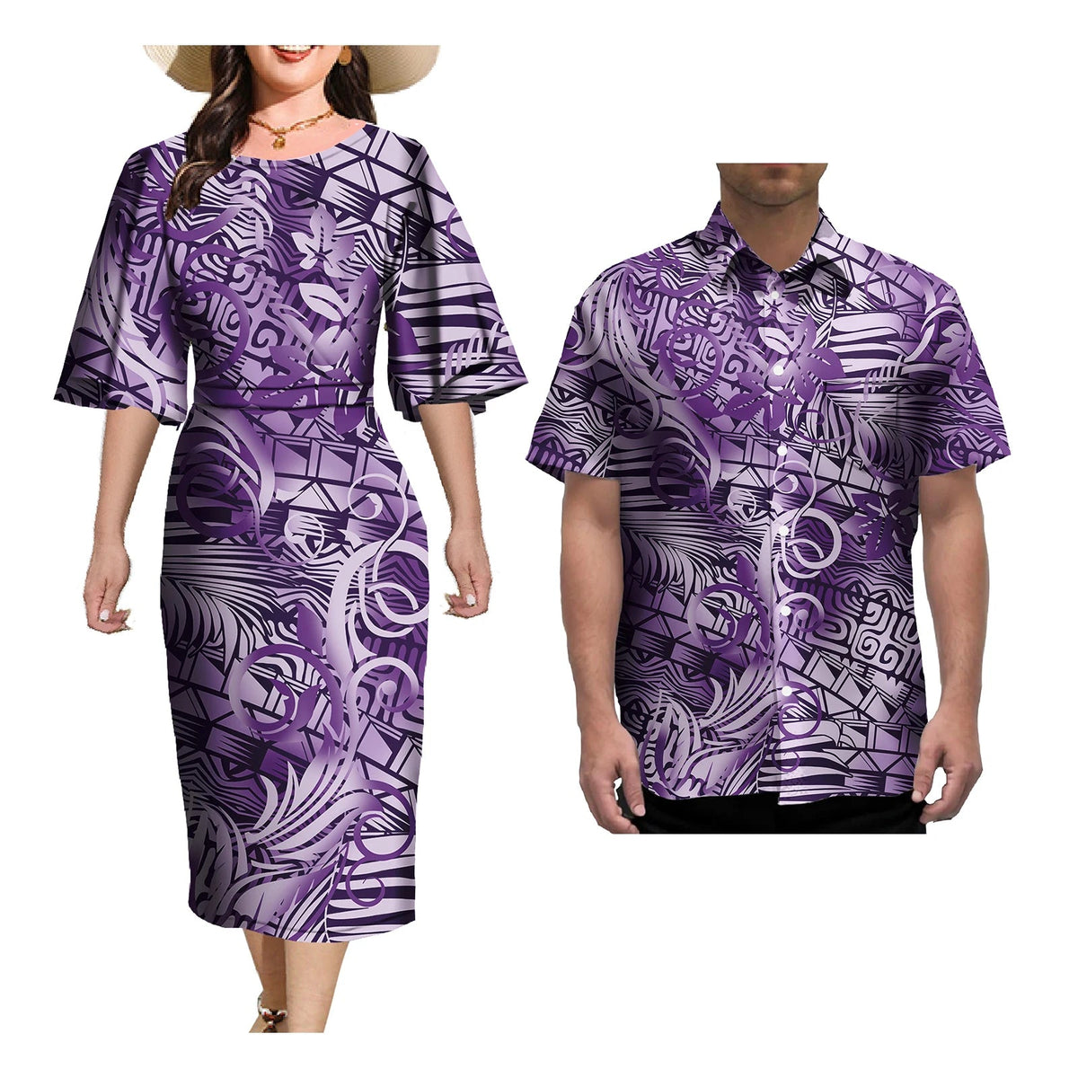 Couple Outfit Sets Elegant Dresses Women Sexy Skirt Samoa Tattoo Printed Polynesian Casual Dress Matching Men Shirts Good Vibrations