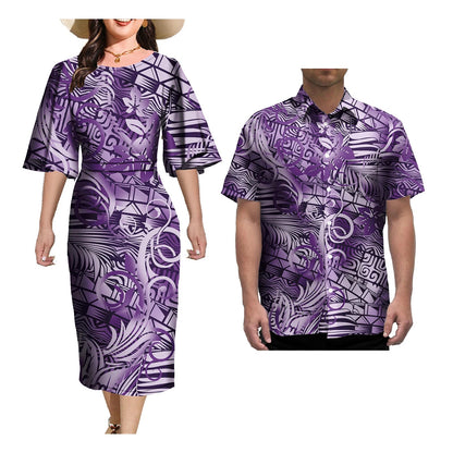 Couple Outfit Sets Elegant Dresses Women Sexy Skirt Samoa Tattoo Printed Polynesian Casual Dress Matching Men Shirts Good Vibrations