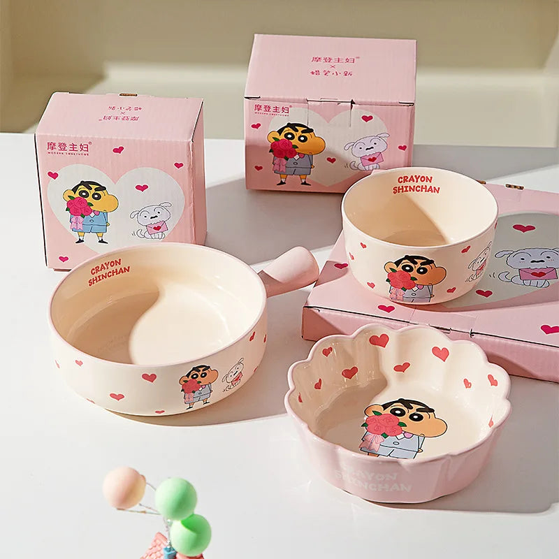 Cartoon Crayon Shin Chan Ceramic Tableware Set Cute Home Dining Bowl Pink Cute Girl Heart Round Bowl Water Cup Plate Gift Good Vibrations
