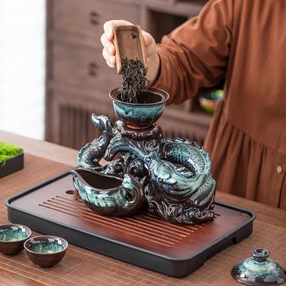 Coiling Dragon Ceramic Teapot Set - Rotating Spout Lazy Brewer , Effortless Pouring, Premium Tea Ritual Collection Good Vibrations