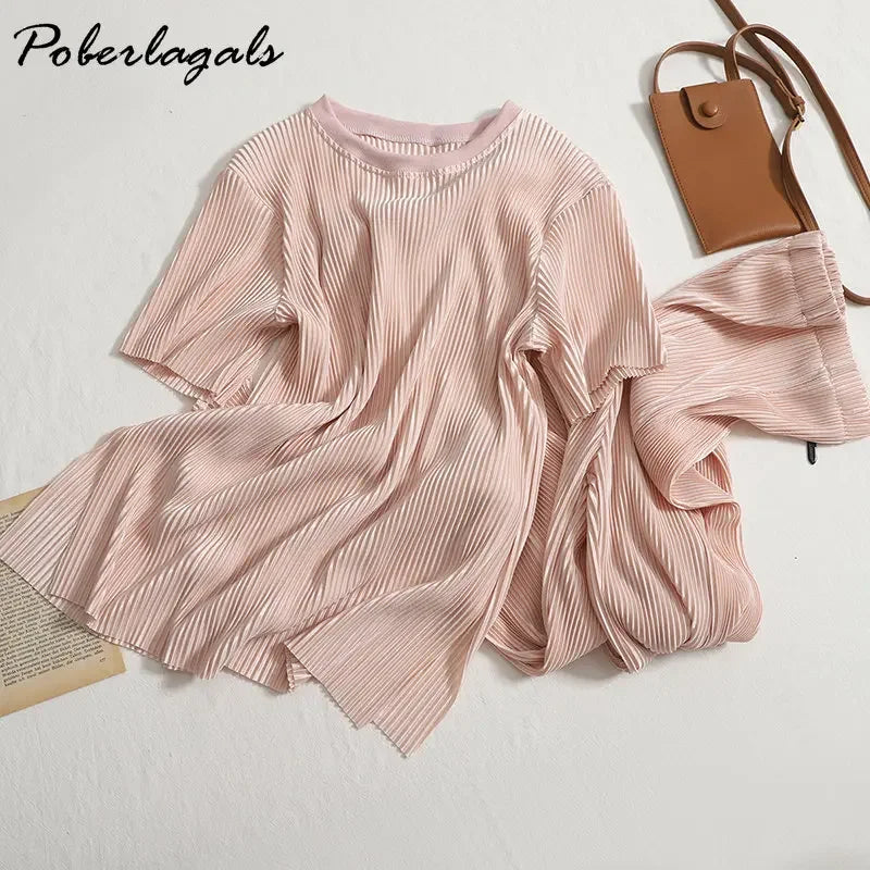 Two-piece Set Casual Pants Suit Female 2026 Summer New Temperament O Neck T-shirt  + High Waist Slit Wide Leg Pants Womens Good Vibrations