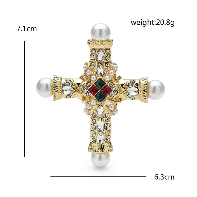 Wuli&baby Palace Style Cross Brooches For Women Men Pearl Rhinestone Baroque Cross Party Casual Brooch Pins Gifts Good Vibrations