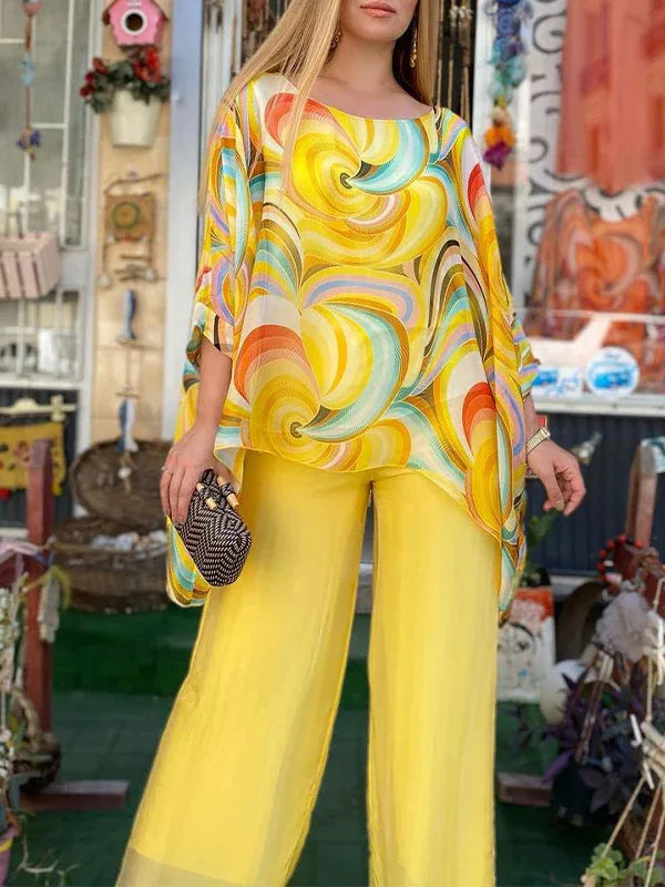 Women Fashion Trousers Two Piece Set For Women 2024 Summer Loose Casual Print Blouse Elegant 2 Piece Sets Woman Tops+Pants Suit Good Vibrations