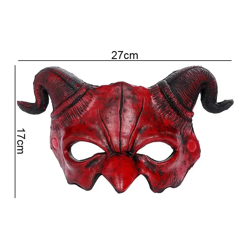 Halloween Demon Mask Horns Devil Half Face Mask Party Cosplay Horror Monster Masquerade Scary Haunted House Props PU Mask Decor Good Vibrations