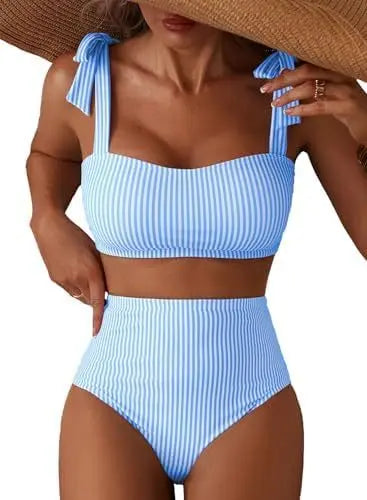 Women Two-piece Halter Vest Swimwear Sexy Striped Ruffle High Waisted Bikinis Set Female Bathing Suit Tie Strap Beachwear Good Vibrations