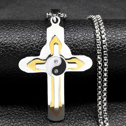 Christian Cross Necklace for Men Women Stainless Steel Gold Silver Color Vintage Yin Yang Tai Chi Gossip Chain Jewelry NZZZ159S2 Good Vibrations