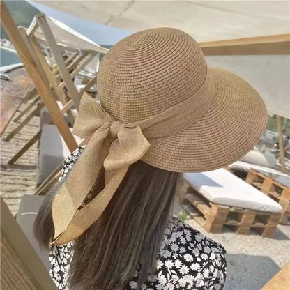 Summer Hats For Women Sun Hat Beach Cap Ladies Bowknot Panama Cap Lady Casual Bucket Hat For Women Straw Hat Good Vibrations