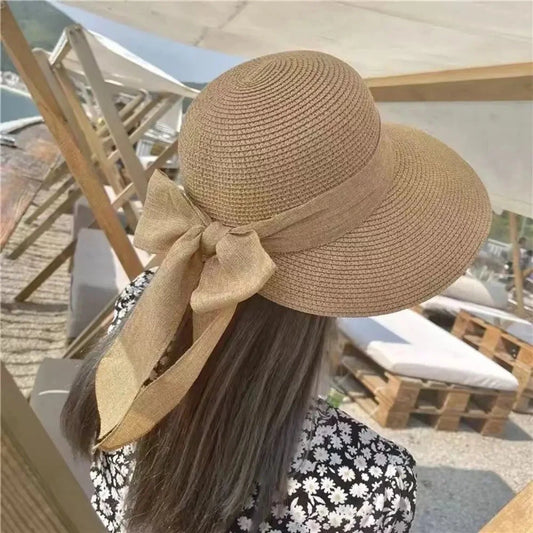 Summer Hats For Women Sun Hat Beach Cap Ladies Bowknot Panama Cap Lady Casual Bucket Hat For Women Straw Hat Good Vibrations