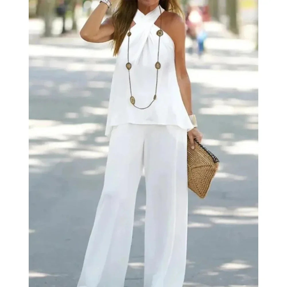 Women Two-Piece Set Halter Sleeveless V-Neck Top & High Waist Pants Set Casual Femme Fashion Loose Outfits for Woman Tracksuit Good Vibrations