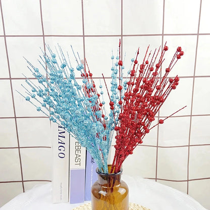 Christmas Tree Decoration, Fake Glitter Berry Leave, Dried Branch, Golden Powder, Flower Material, New Year Party, 1Pc, 12 Forks Good Vibrations