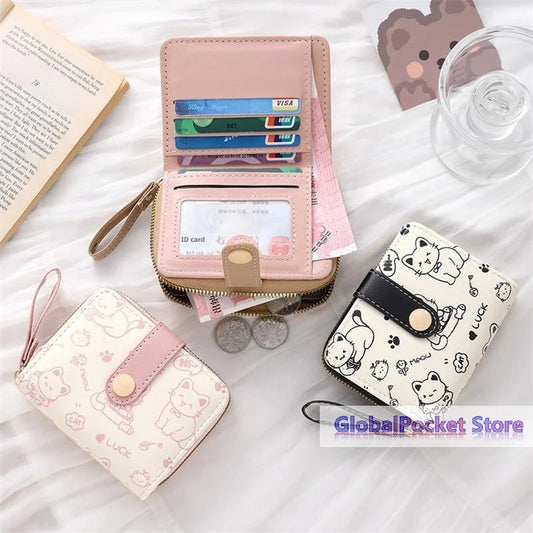 Cute Cat PU Leather Coin Purse Women Fashion Short Wallet Folding Zipper Wallet ID Card Holder Travel Lightweight Cash Coin Bags Good Vibrations