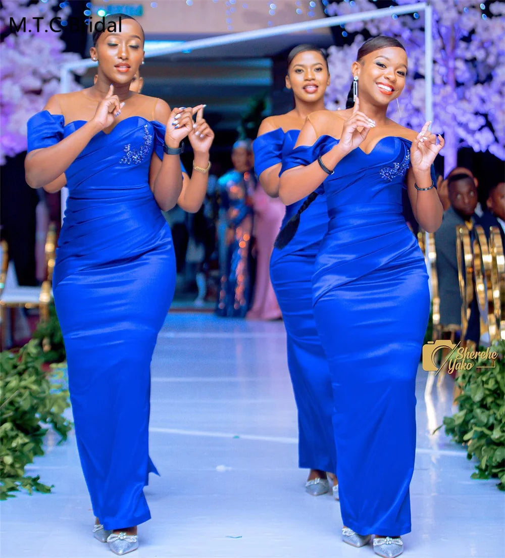 Custom Made Long Royal Blue African Bridesmaid Dresses Chic Beaded Pleated Satin Straight Formal Gowns For Maids Of Honor Good Vibrations
