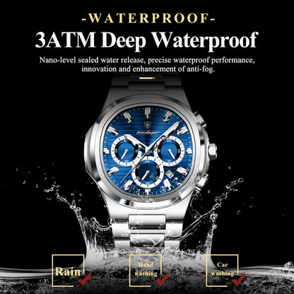 POEDAGAR Business Man Wristwatch Date Chronograph Waterproof Luminous Luxury Men Watch Stainless Steel Quartz Men's Watches Male Good Vibrations