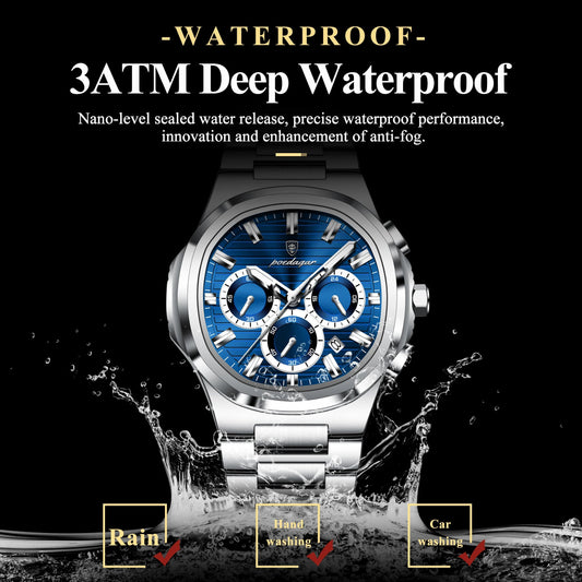 POEDAGAR Business Man Wristwatch Date Chronograph Waterproof Luminous Luxury Men Watch Stainless Steel Quartz Men's Watches Male Good Vibrations