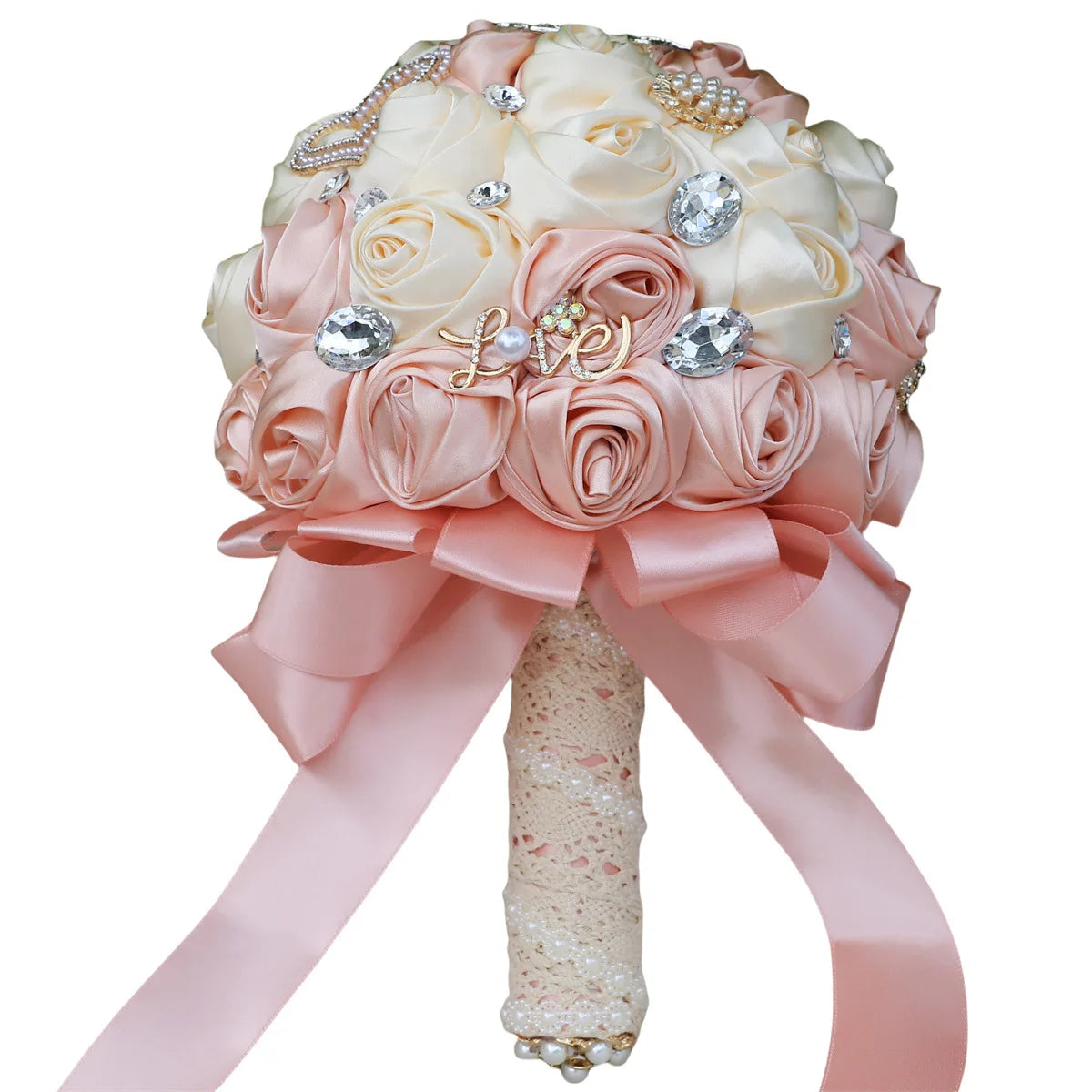 JaneVini Light Pink Roses Bridal Bouquet Elegant Pearl Crystal Lace Handle Bride Flower Ball Wedding Bouquet Bruiloftaccessoires Good Vibrations