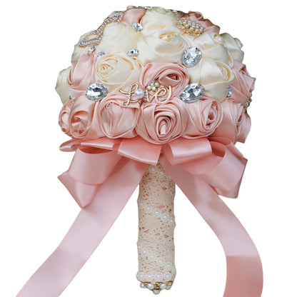 JaneVini Light Pink Roses Bridal Bouquet Elegant Pearl Crystal Lace Handle Bride Flower Ball Wedding Bouquet Bruiloftaccessoires Good Vibrations