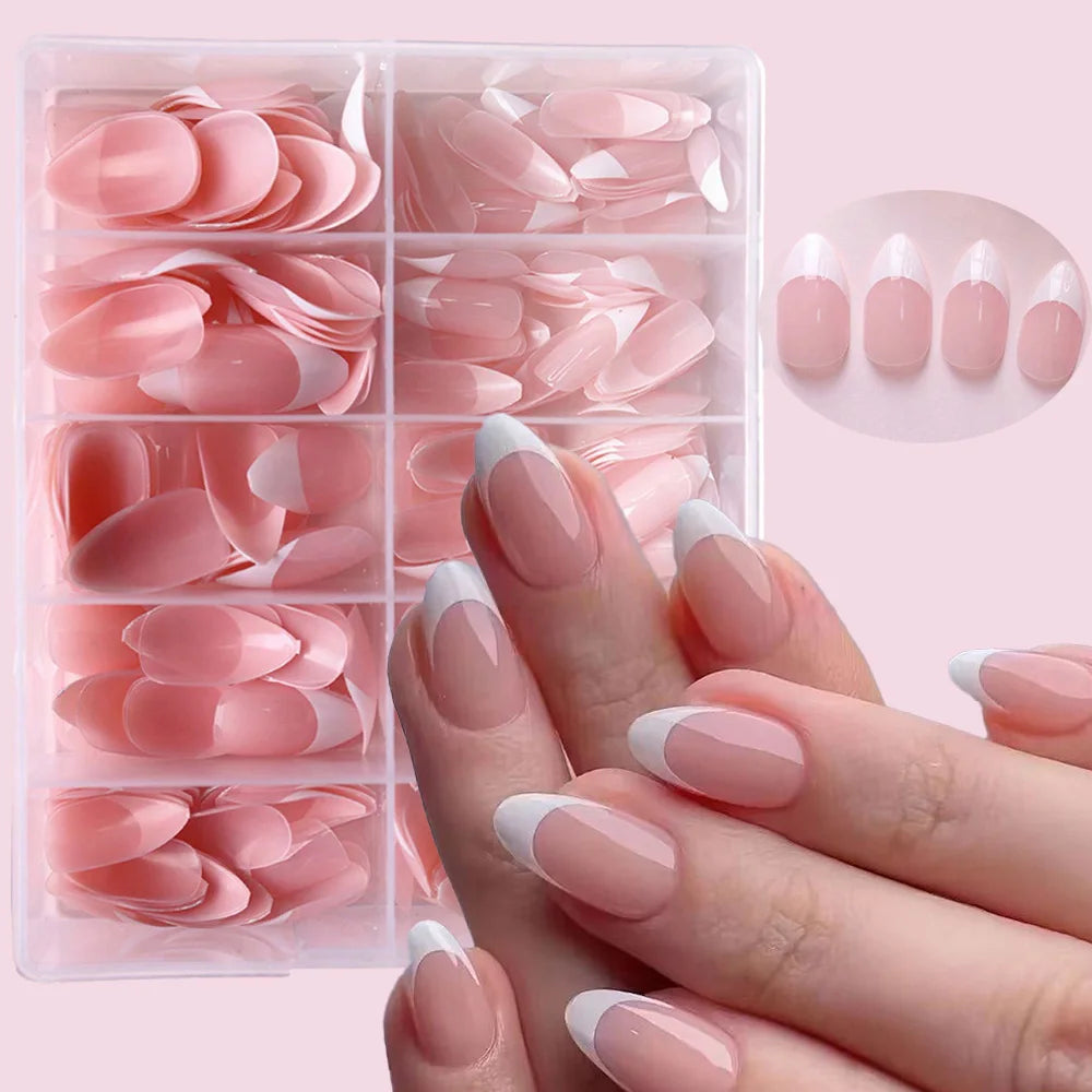 360Pcs/box Glossy Soft Gel Pink French Nail Tips Medium Almond White Simple Press On Nails 10Grids Huge Capacity False Nails*& Good Vibrations