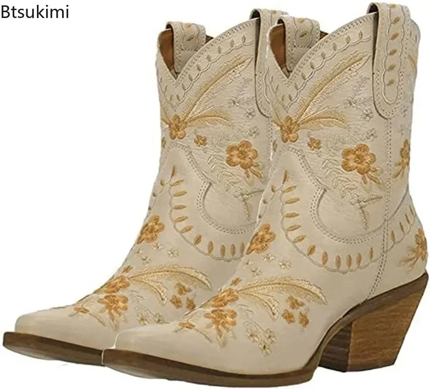 New 2025 Embroidered Western Boots For Women Ankle Bootie Cowboy Cowgirls Flower Print Fashion Chunke Heel Slip On Ankle Boots Good Vibrations