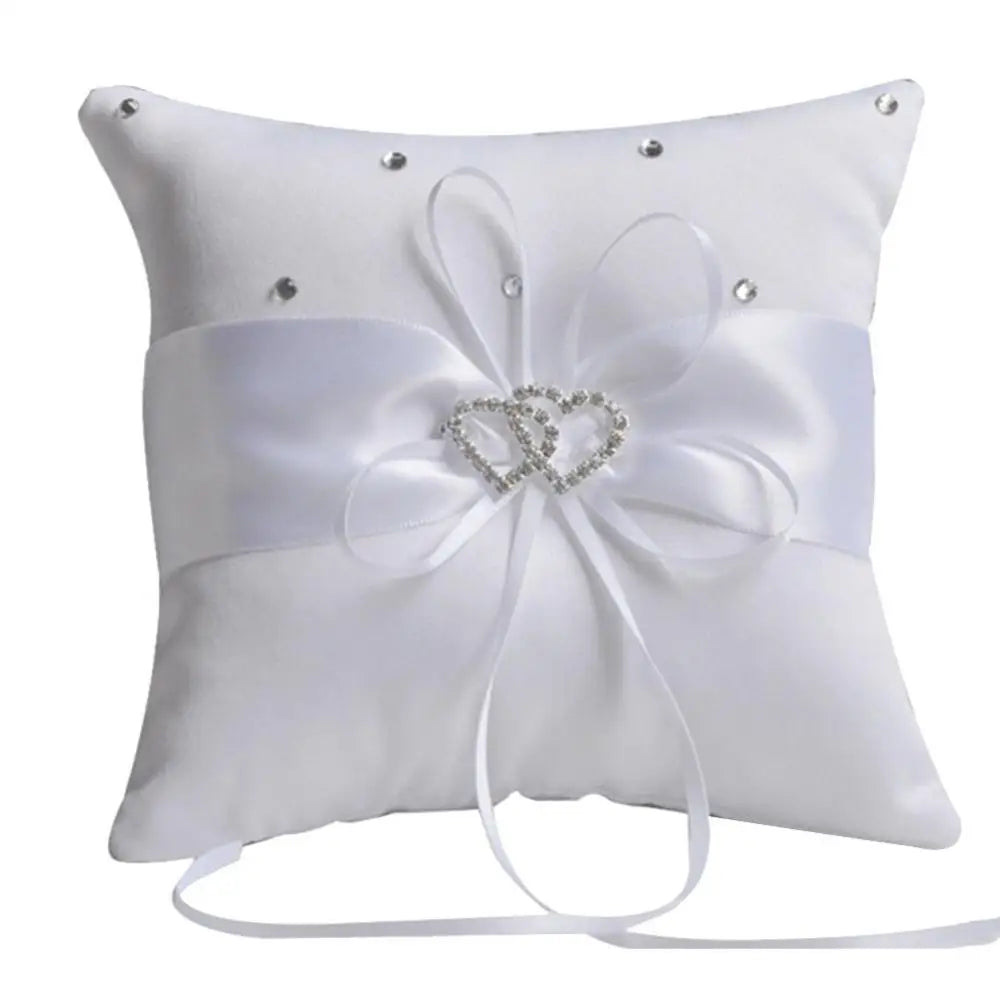 10x10 cm Romantic Bridal Wedding Ring Pillow Double Heart Ribbon Cushion Decor European Romantic Rhinestone Decor For Wedding Good Vibrations