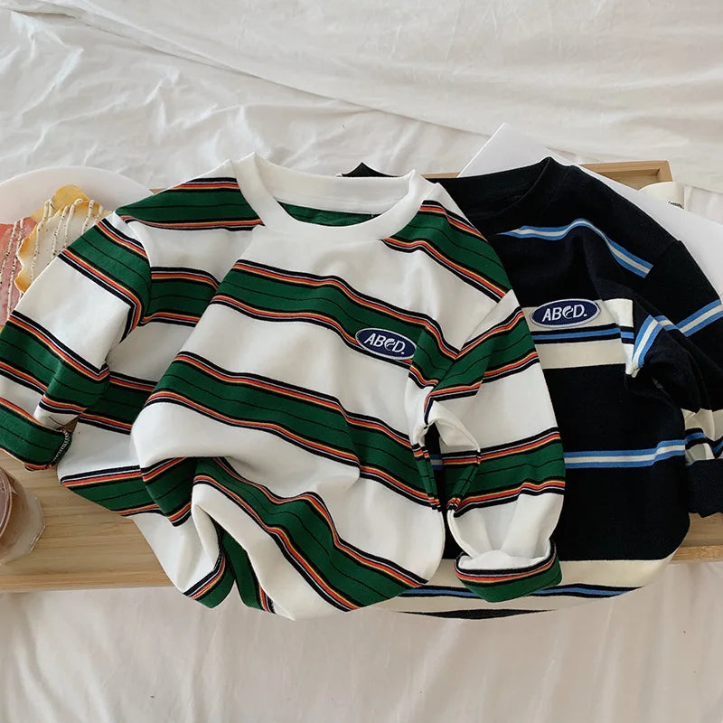 2025 autumn Children Clothes Girls Long Sleeves Bottoming Shirts Cool Boys Stripe Cotton T-shirt Teen Loose Casual 2-7y Kids Top Good Vibrations