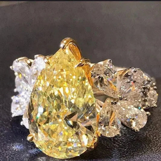 Elegant Yellow Water Drop Shaped Crystal Rhinestone Zircon Ladies Ring for Women Party Wedding Engagement Jewelry Size 6-10 Good Vibrations