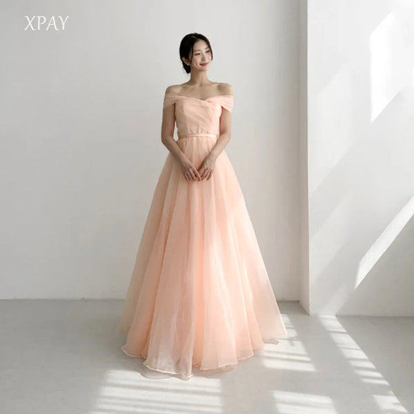 XPAY Elegant Korean Evening Dresses Off the Shoulder A-Line Girls Prom Dresses Customized Party Dresses Pink Wedding Snap Dress Good Vibrations