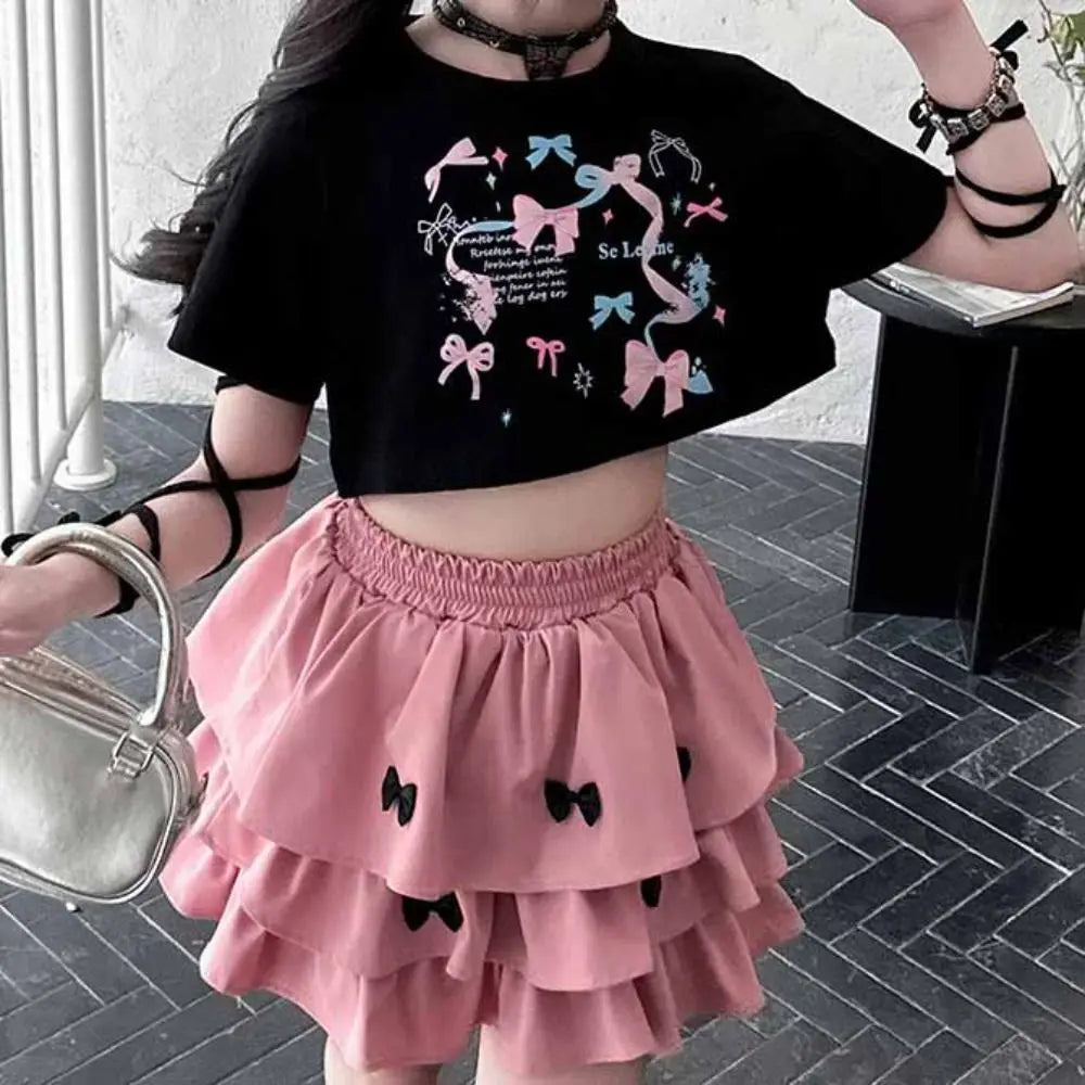 Outfits Y2K Bow Children Cake Skirt Set Pleated Teenagers T-shirt Skirt Suit Sweet Slim Fit Girls Clothes Set Summer Good Vibrations