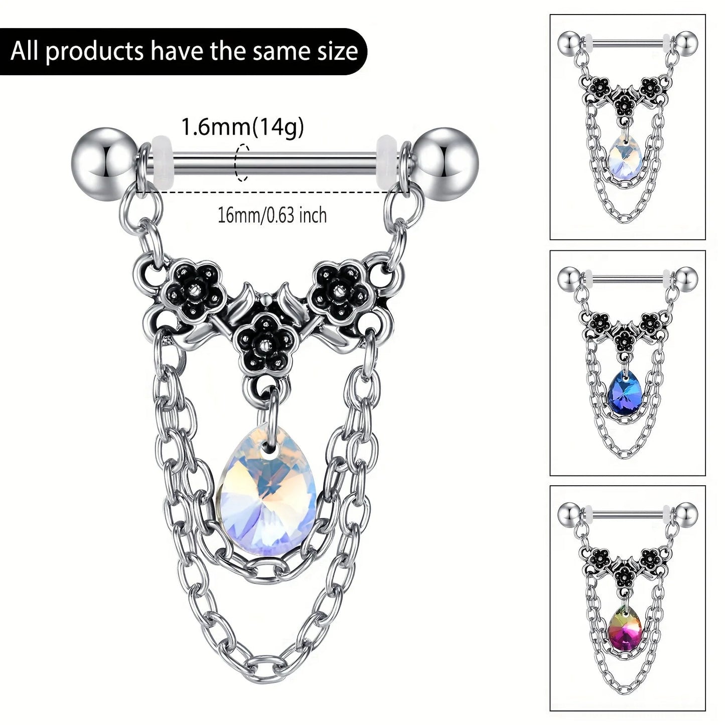 1pair Stainless Steel Nipple Rings, Nipple Barbell With Chain CZ, Nipple Piercing Jewelry Good Vibrations Adult Super Store