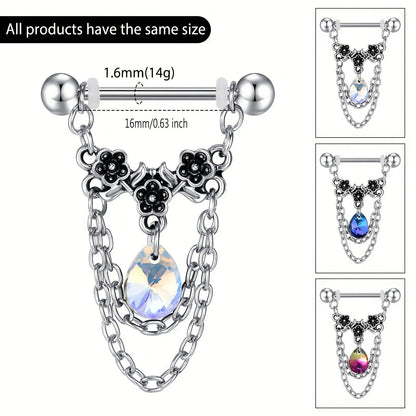 1pair Stainless Steel Nipple Rings, Nipple Barbell With Chain CZ, Nipple Piercing Jewelry Good Vibrations Adult Super Store