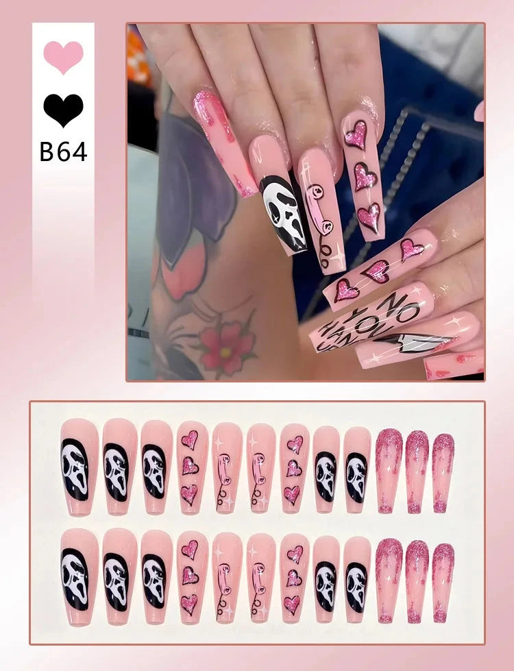 24pcs Halloween Nails Glitter Pink Sequin Fake Nail Patch Scary Skull Love Heart Pattern Artificial Nails Full Cover Wearable Good Vibrations