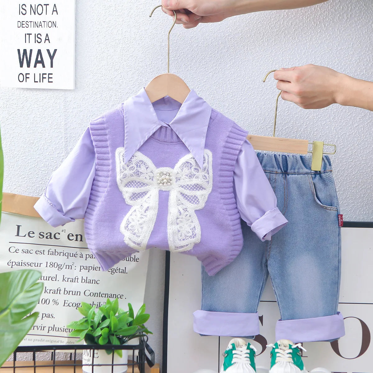 2025 Spring New Girls Clothing Set 1-5Y Girls Suit Solid Shirt Matched Bow Knit Vest And Blue Jeans 3 PCs Girls Suit Good Vibrations