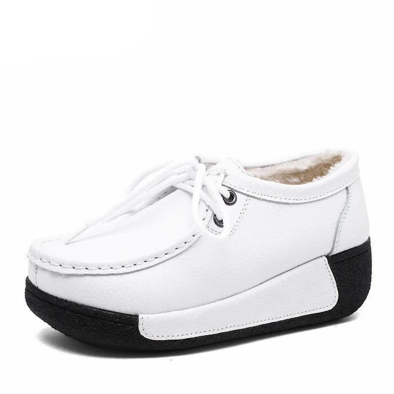 BEYARNENew Winter Shoes Genuine Leather Womens Flat Platform Shoes Casual Womens Loafers Plush Womens Slip-on Sneakers for Women Good Vibrations