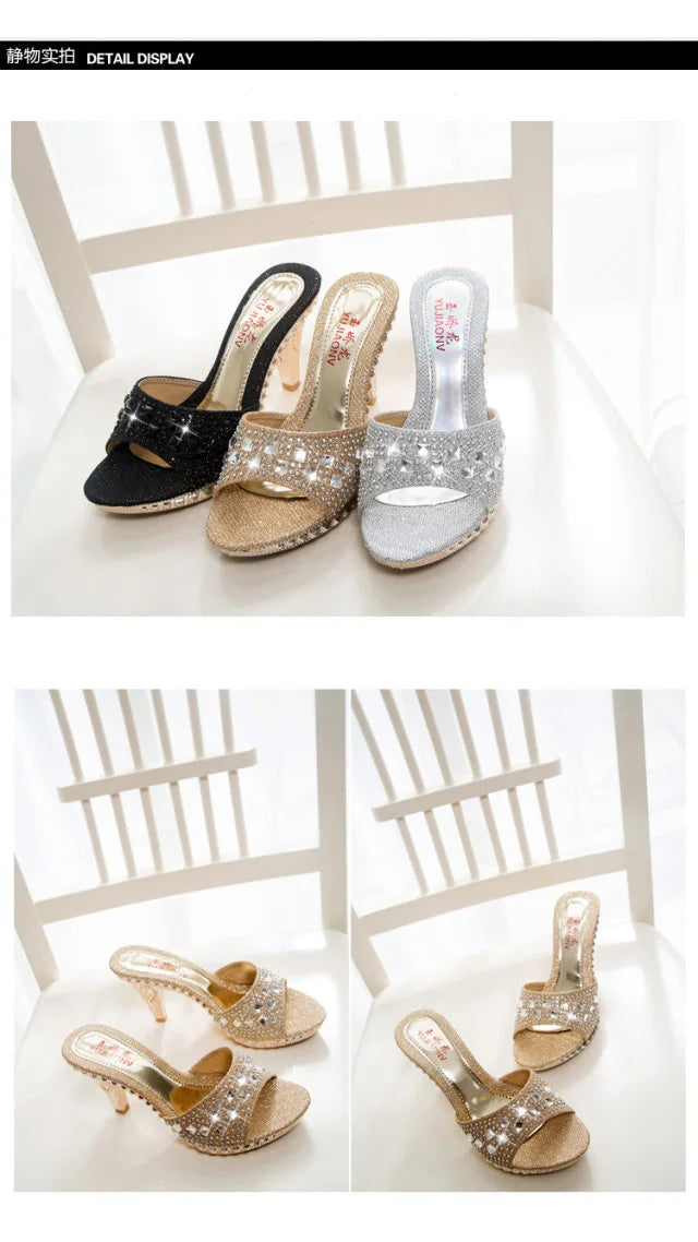 Summer Women Sandals Rhinestone Women Shoes Sexy High Heels Shoe Ladies Sandalias Gold Silver Women Slippers Heeled Sandals Sexy Good Vibrations