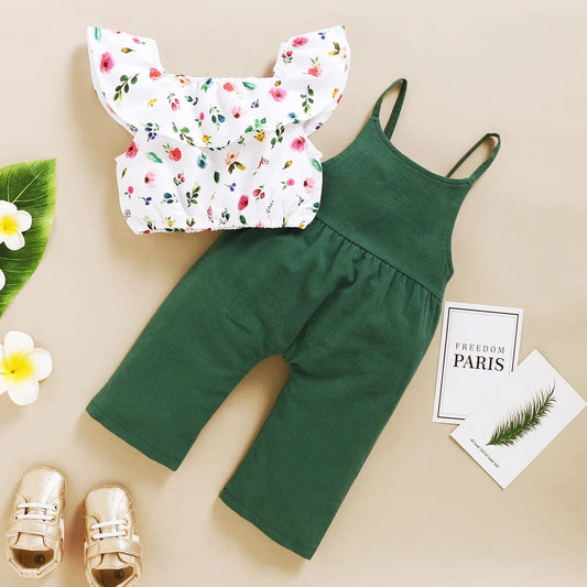 1-5Years Toddler Girl Clothes Set Floral Print Lotus Leaf Sleeve Top+ Suspender Pant Summer Fashion  2PCS Outfits for Kids Girl Good Vibrations