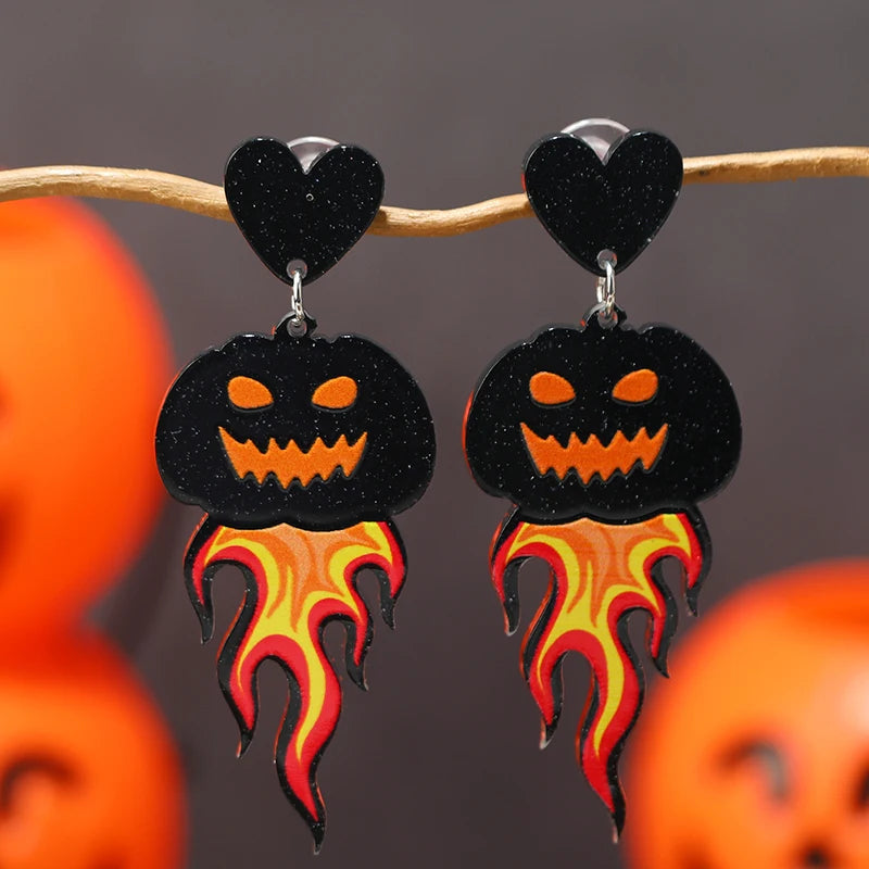 8 pairs of Halloween flame demons, cute little ghosts, acrylic earrings, skull heads, alien spaceships, pumpkin ghosts Good Vibrations