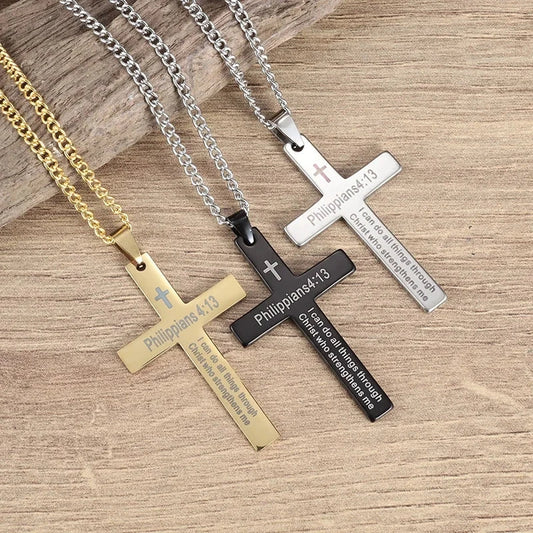 Philippians 4:13 Men's Simple Cross Pendant Necklace Stainless Steel Religious Amulet Jewelry Unisex Bijoux Good Vibrations